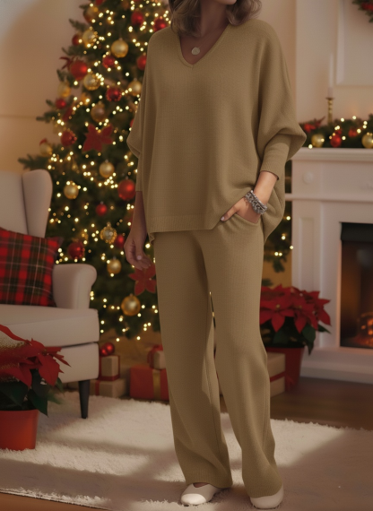 CLEARANCE SALE🔥 Women's Cozy Solid Color V-neck Knit Top And Pants Two-piece Set