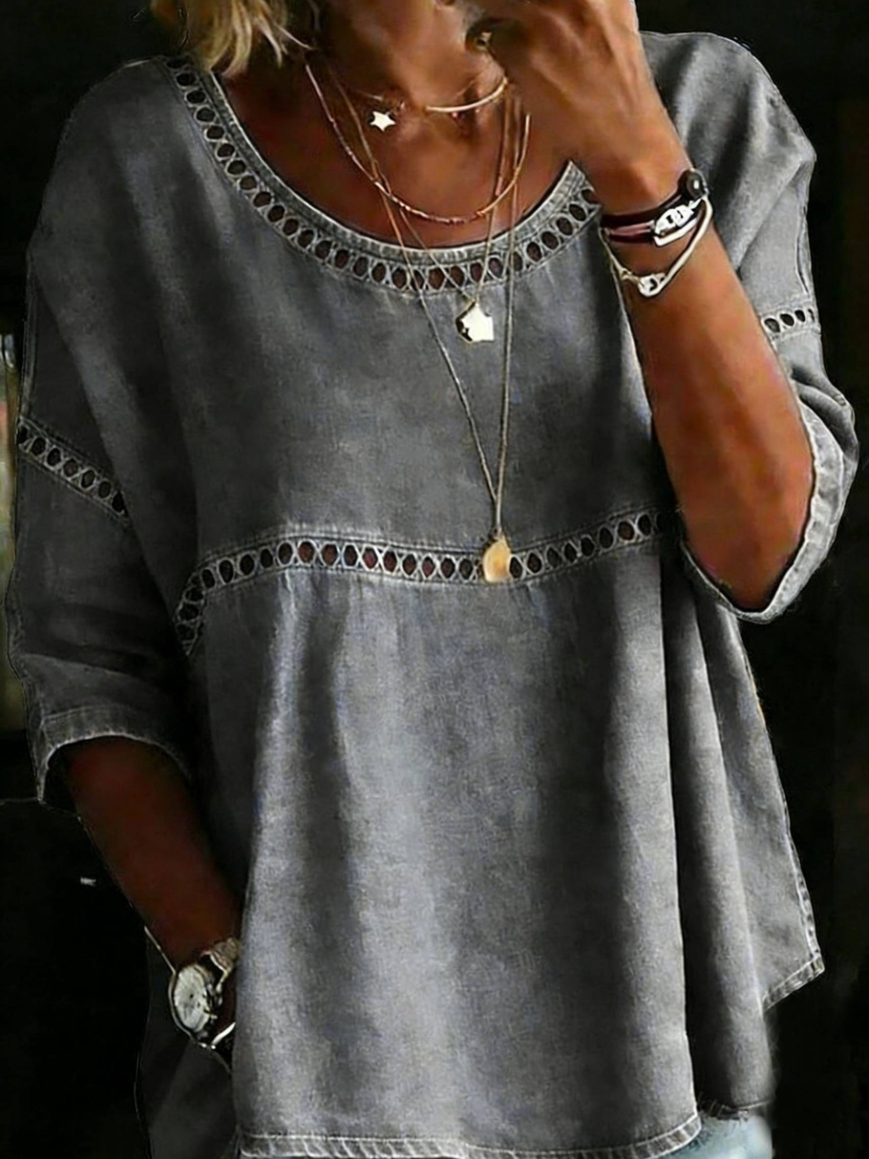 Women's Solid Color Casual Loose Denim Blouse Shirt