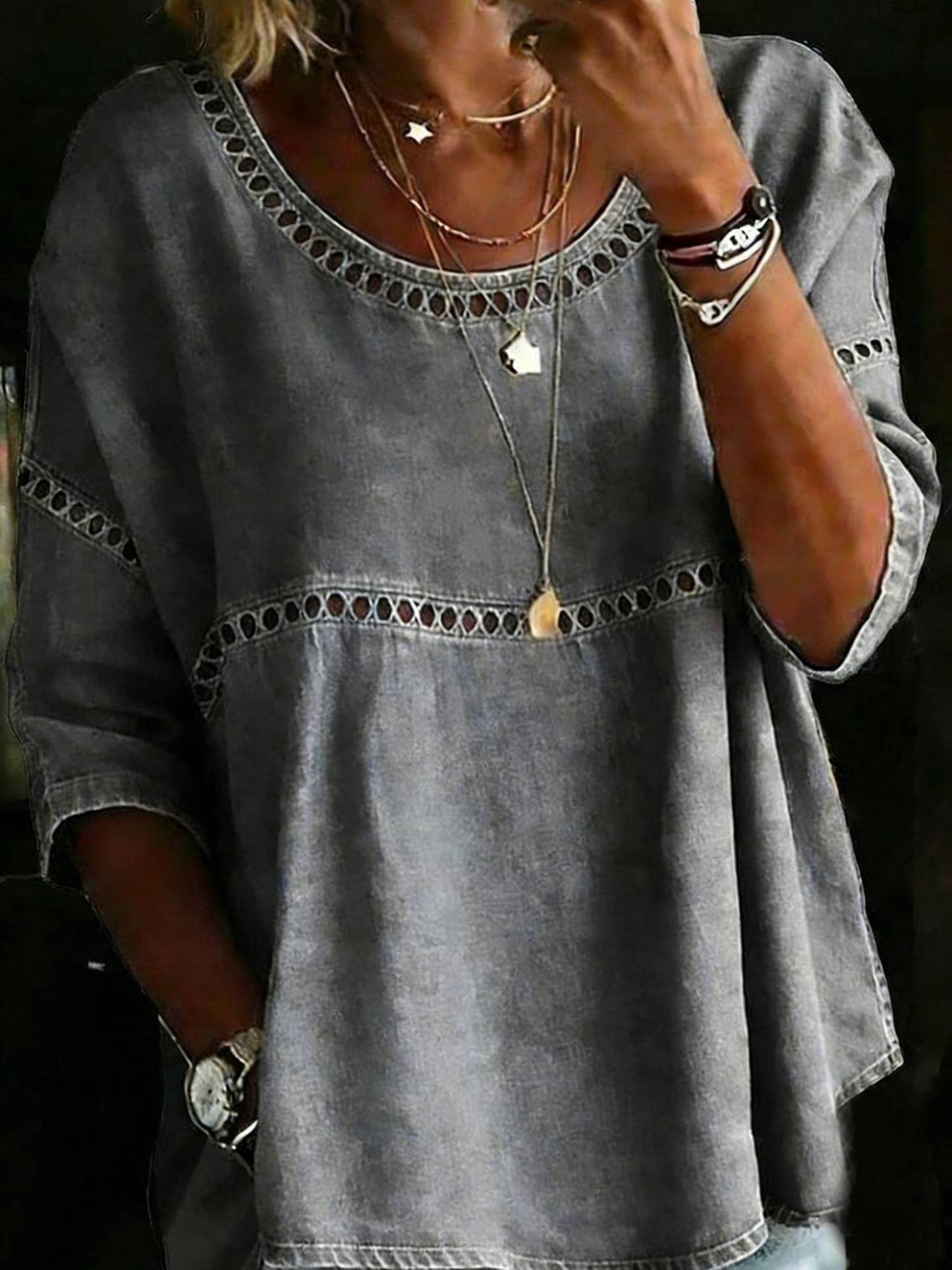 Women's Solid Color Casual Loose Denim Blouse Shirt