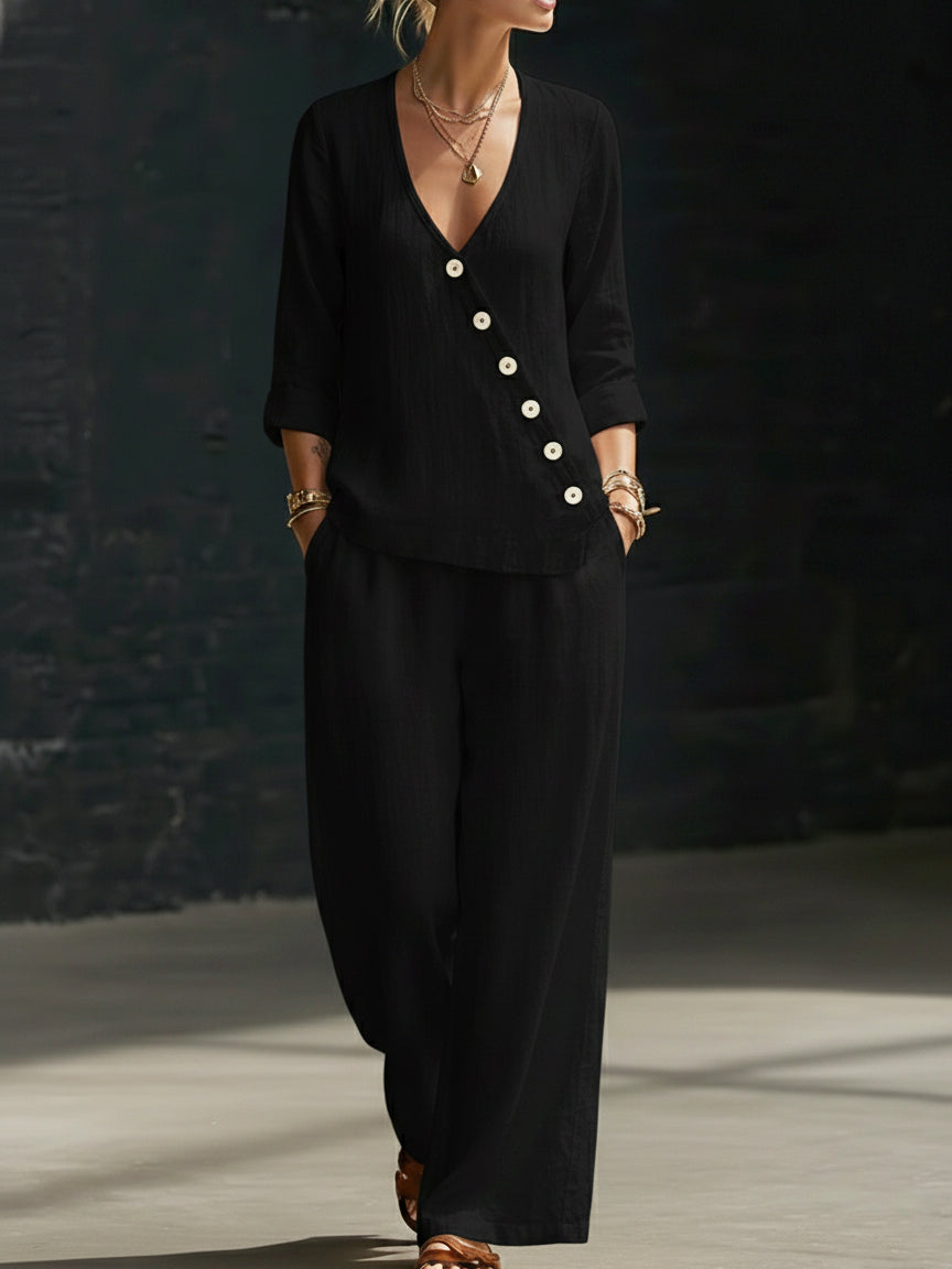 New Arrivals🔥 Minimalist V-neck Shirt And Wide-leg Pants Two-piece Set