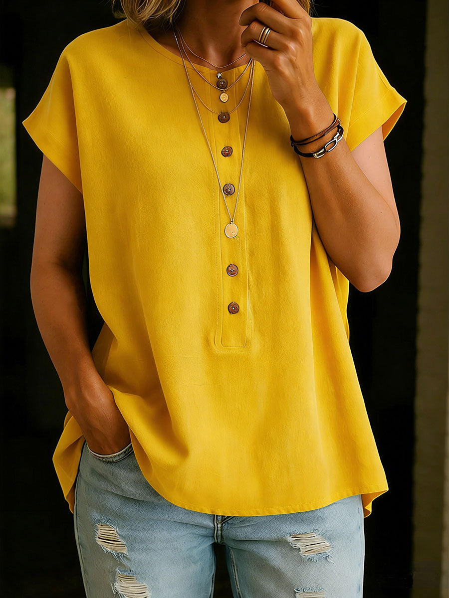 Women's Solid Color Round Neck Short-sleeved Casual Loose Cotton And Linen Top