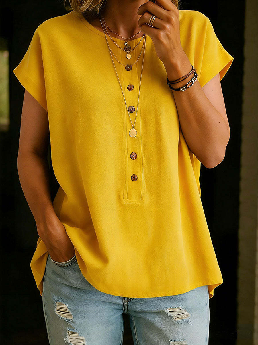 Women's Solid Color Round Neck Short-sleeved Casual Loose Cotton And Linen Top
