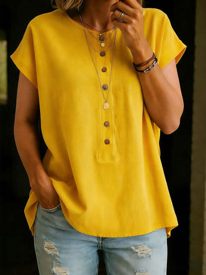 Women's Solid Color Round Neck Short-sleeved Casual Loose Cotton And Linen Top