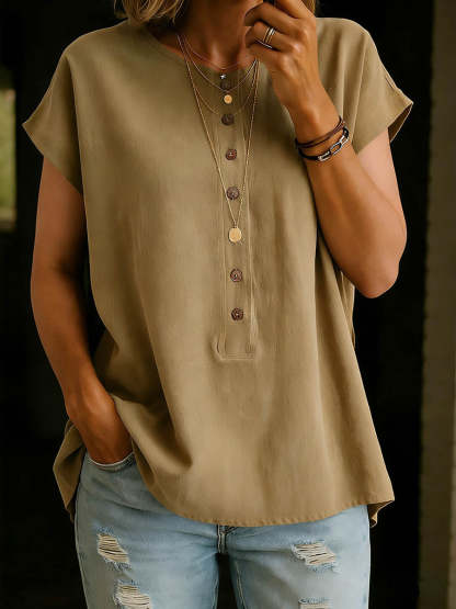 Women's Solid Color Round Neck Short-sleeved Casual Loose Cotton And Linen Top