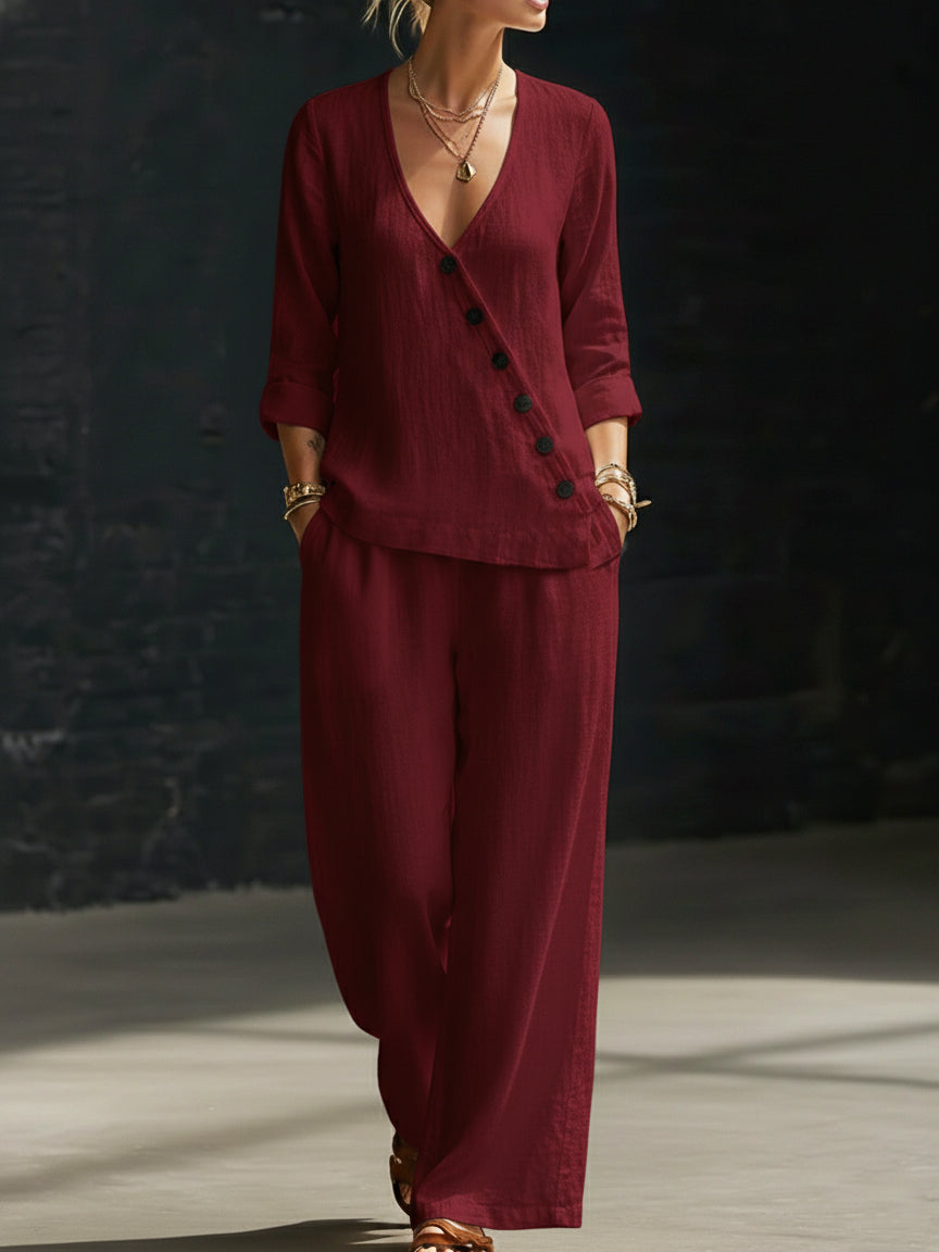 New Arrivals🔥 Minimalist V-neck Shirt And Wide-leg Pants Two-piece Set