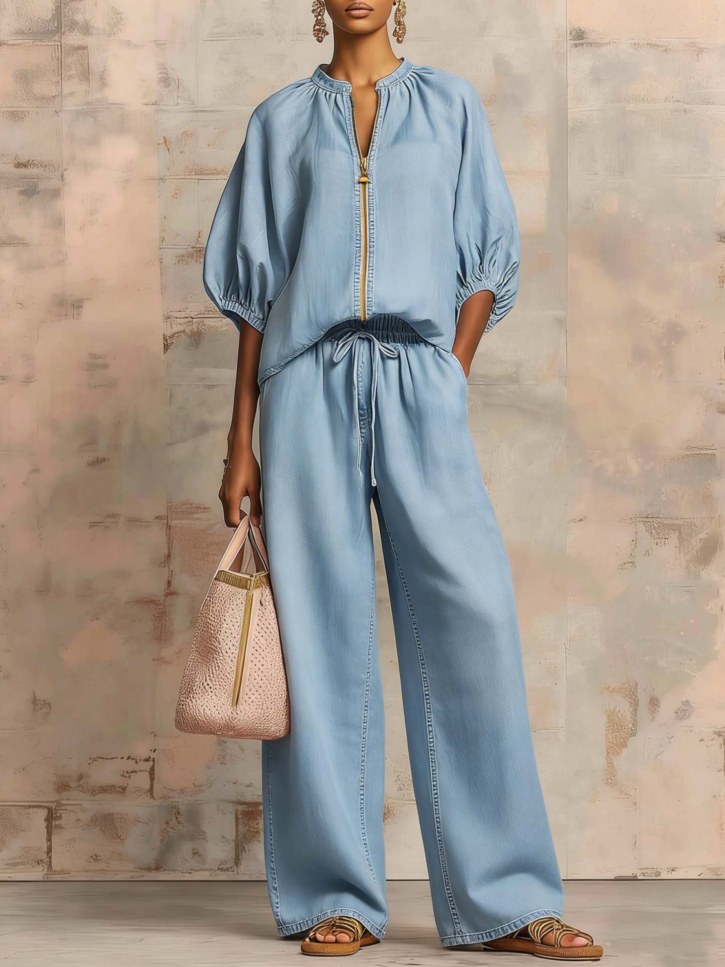 Cozy Stylish Zip-up Top And Wide-leg Jeans Set