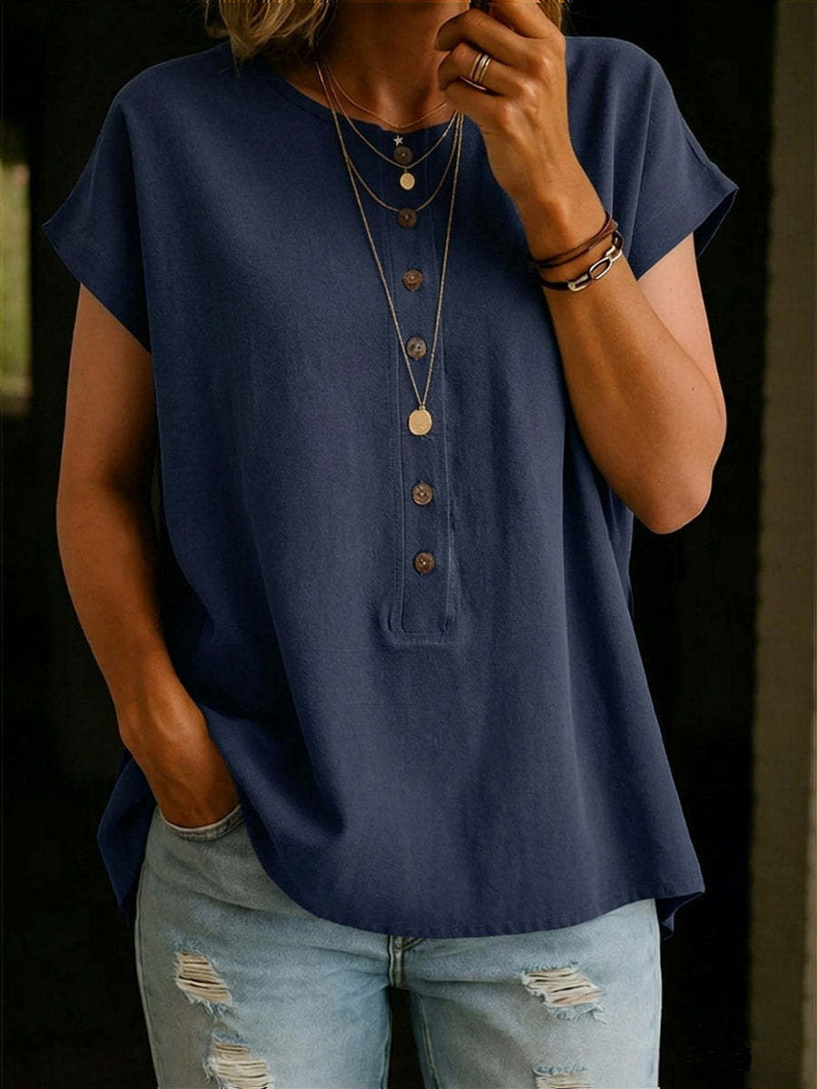 Women's Solid Color Round Neck Short-sleeved Casual Loose Cotton And Linen Top