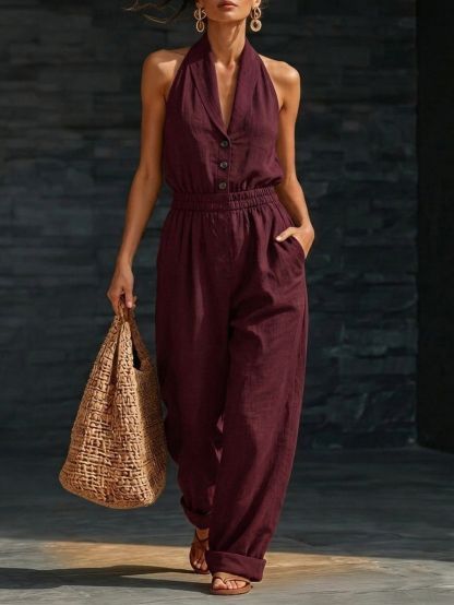 New Arrivals🔥Elegant Cozy V-neck Button-up Loose Linen Jumpsuit