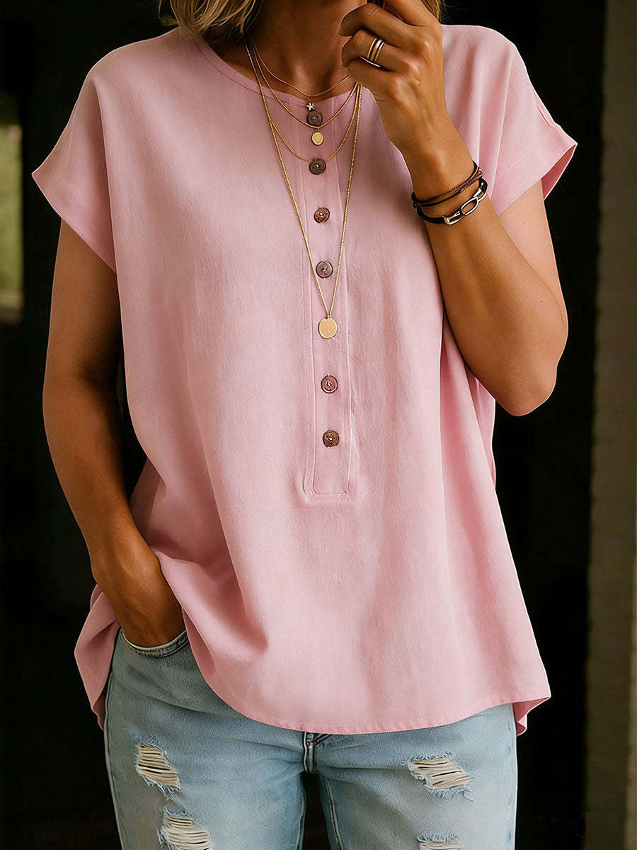 Women's Solid Color Round Neck Short-sleeved Casual Loose Cotton And Linen Top