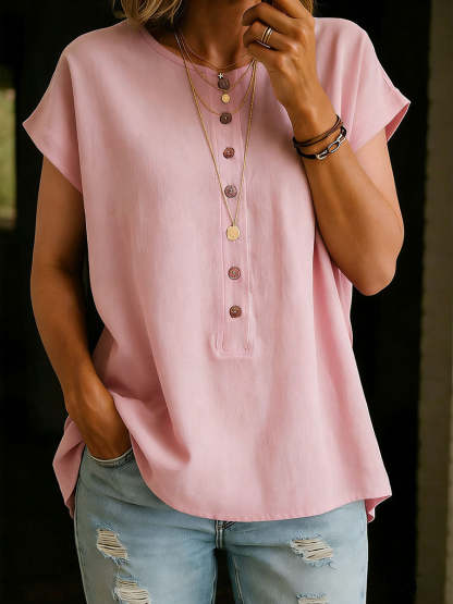 Women's Solid Color Round Neck Short-sleeved Casual Loose Cotton And Linen Top