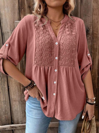 Women's Lace Splice 3/4 Sleeve V-neck Button Shirt Casual Vacation Shirt