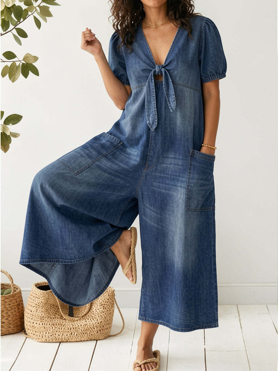 Women's Casual Loose Short-sleeved V-neck Denim Jumpsuit