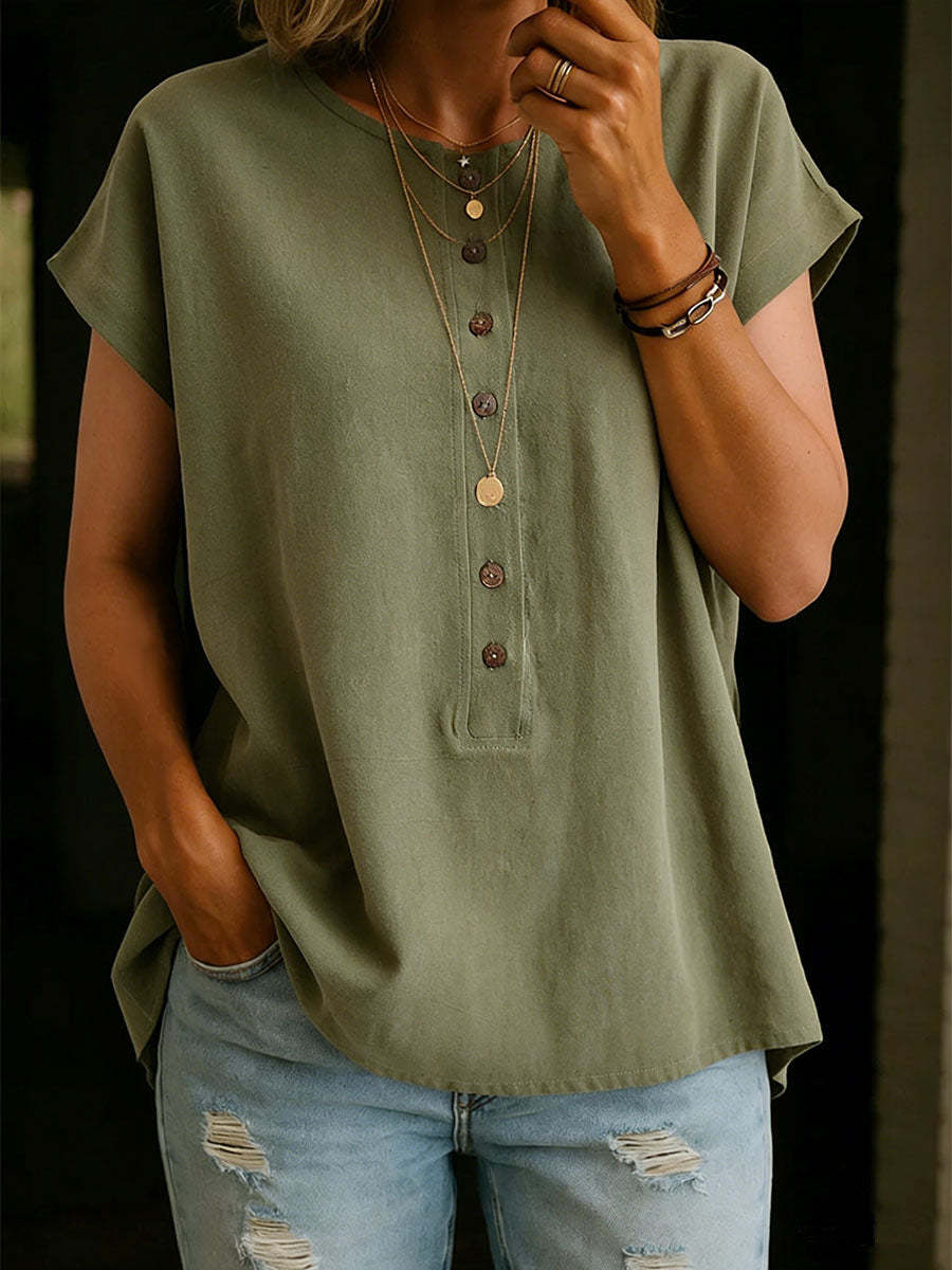Women's Solid Color Round Neck Short-sleeved Casual Loose Cotton And Linen Top