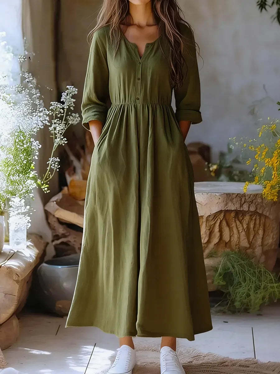 Women's Solid Color Casual Classy Cotton Linen Long Sleeve Dress