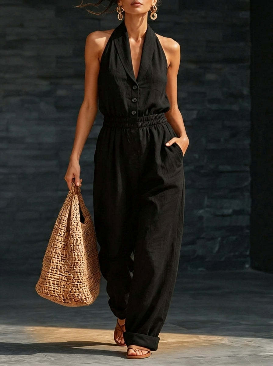 New Arrivals🔥Elegant Cozy V-neck Button-up Loose Linen Jumpsuit