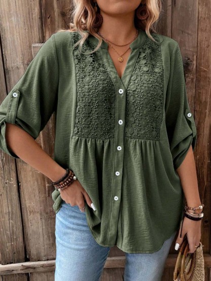 Women's Lace Splice 3/4 Sleeve V-neck Button Shirt Casual Vacation Shirt