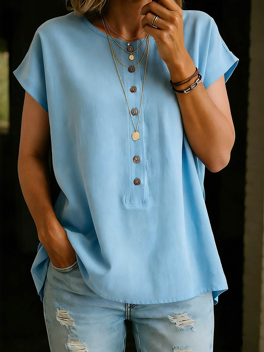 Women's Solid Color Round Neck Short-sleeved Casual Loose Cotton And Linen Top