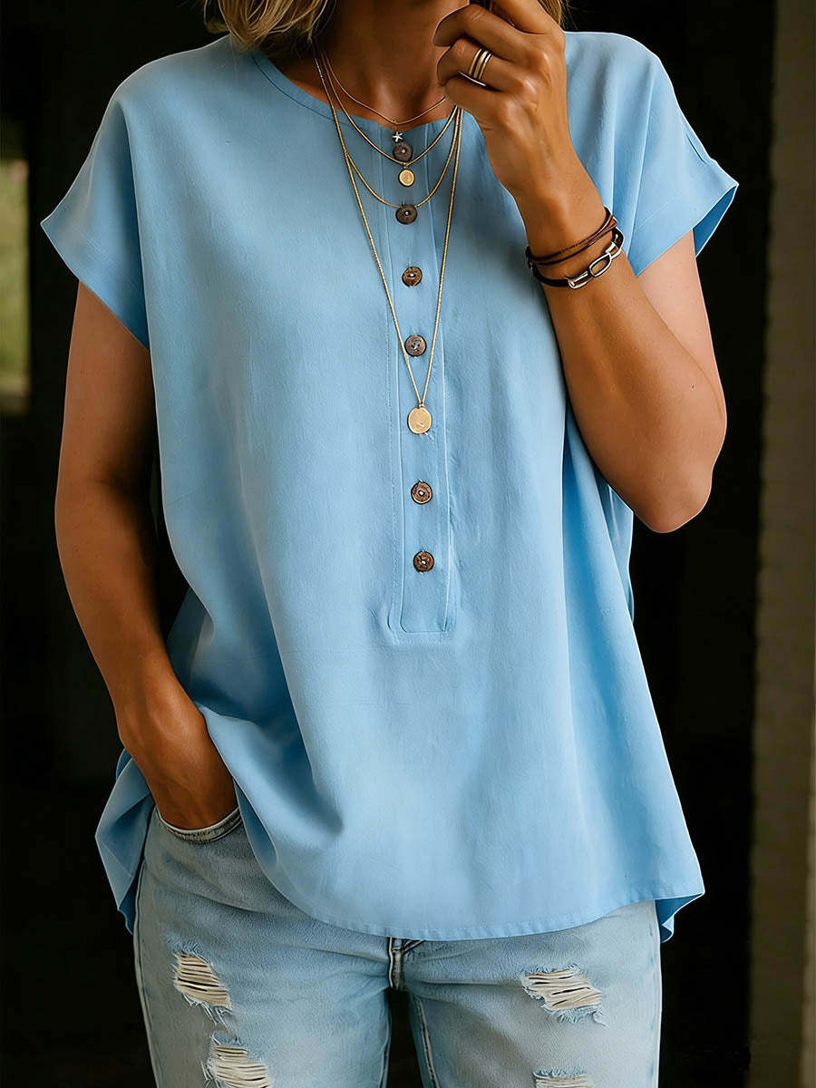Women's Solid Color Round Neck Short-sleeved Casual Loose Cotton And Linen Top