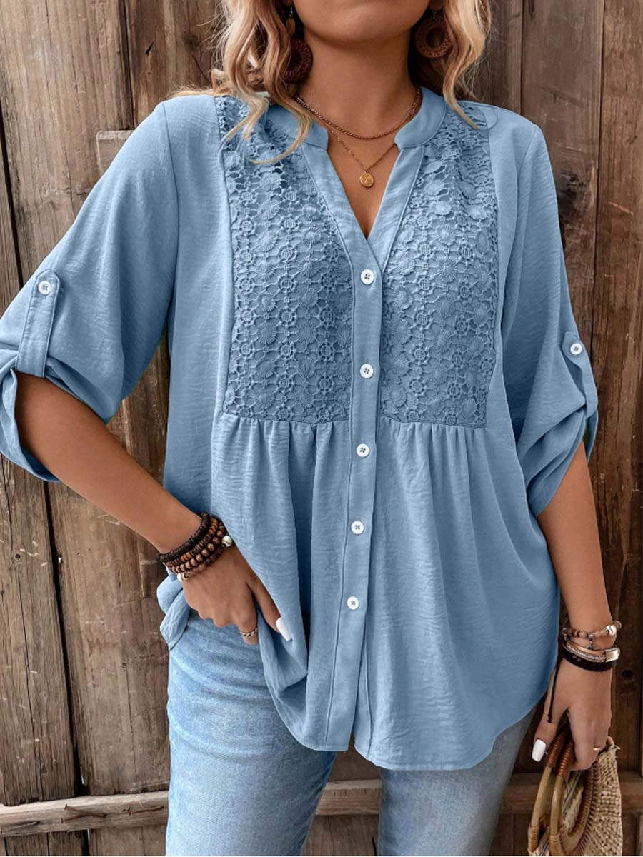 Women's Lace Splice 3/4 Sleeve V-neck Button Shirt Casual Vacation Shirt