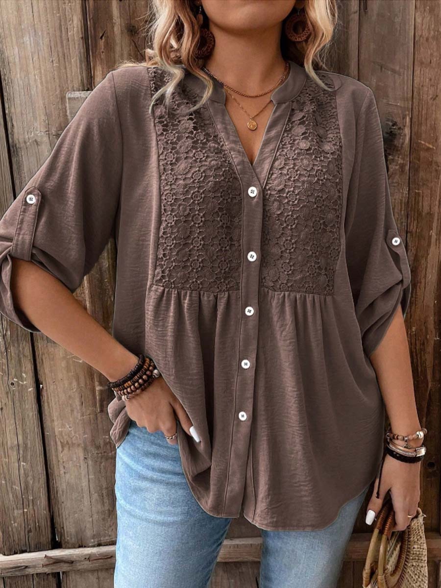 Women's Lace Splice 3/4 Sleeve V-neck Button Shirt Casual Vacation Shirt