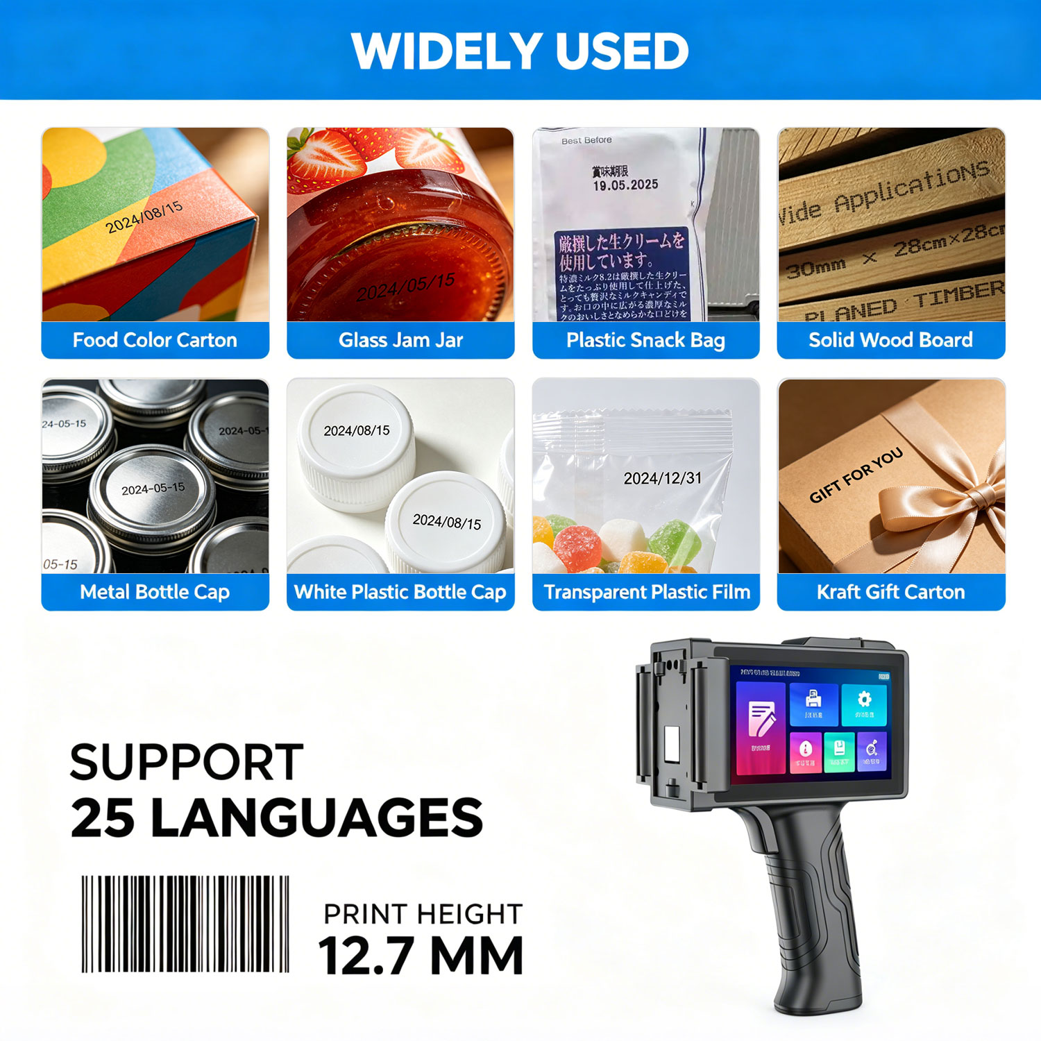 Handheld Intelligent High Resolution Inkjet Printer, Portable Coding Marking Machine for Date Barcode Logo Printing