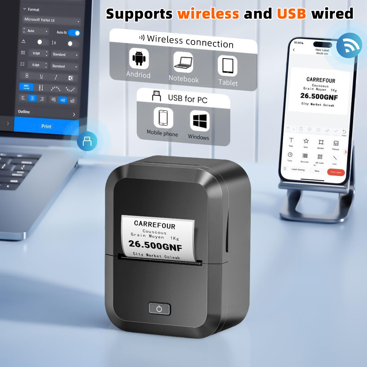 Professional Mobile Thermal Printer X2 | 58mm 203dpi High Resolution Barcode & Receipt Printer, ROHS Certified Portable Label Maker for Business