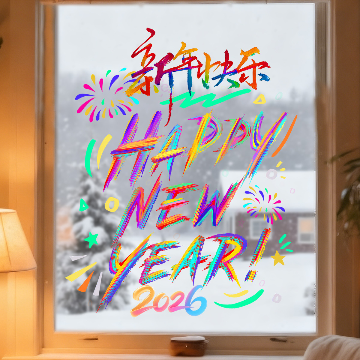 2026 New Year Static Cling Window Decal - Colorful Graffiti Happy New Year No Adhesive Reusable Window Sticker Festive Firework Star Decor for Home Office Party Shop Front 2026 Holiday Window Decorations