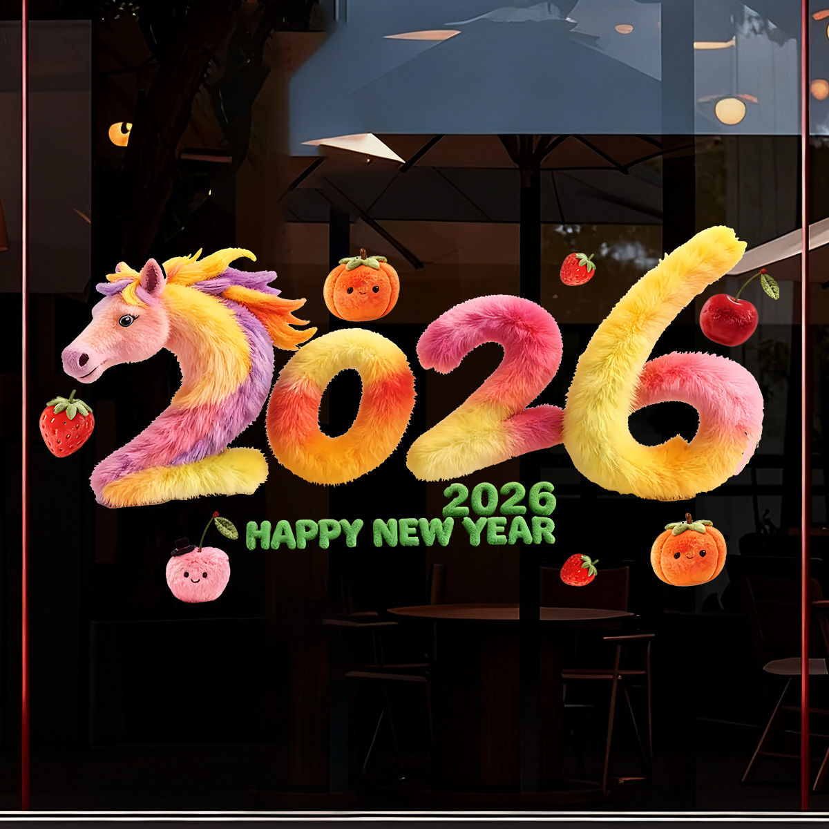 2026 Year of the Horse Fluffy Plush Static Cling Window Decals - 2 Designs (Pony 2026 & Happy New Year) S/M Sizes No Adhesive Reusable Window Stickers with Fruit Accents for Home Office Shop Front 2026 Lunar New Year Festive Decorations