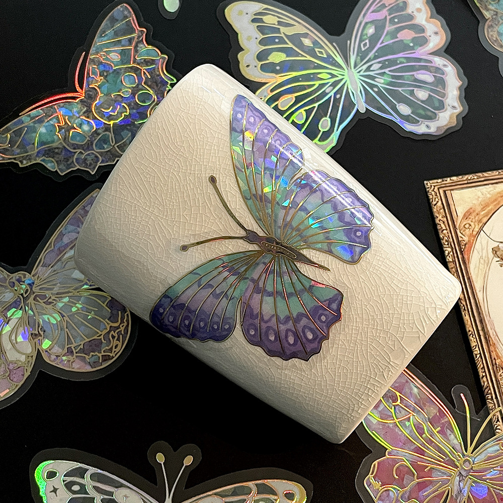Rainbow Holographic Butterfly Stickers with Gold Foil: Iridescent Decor for Crafts & Journals
