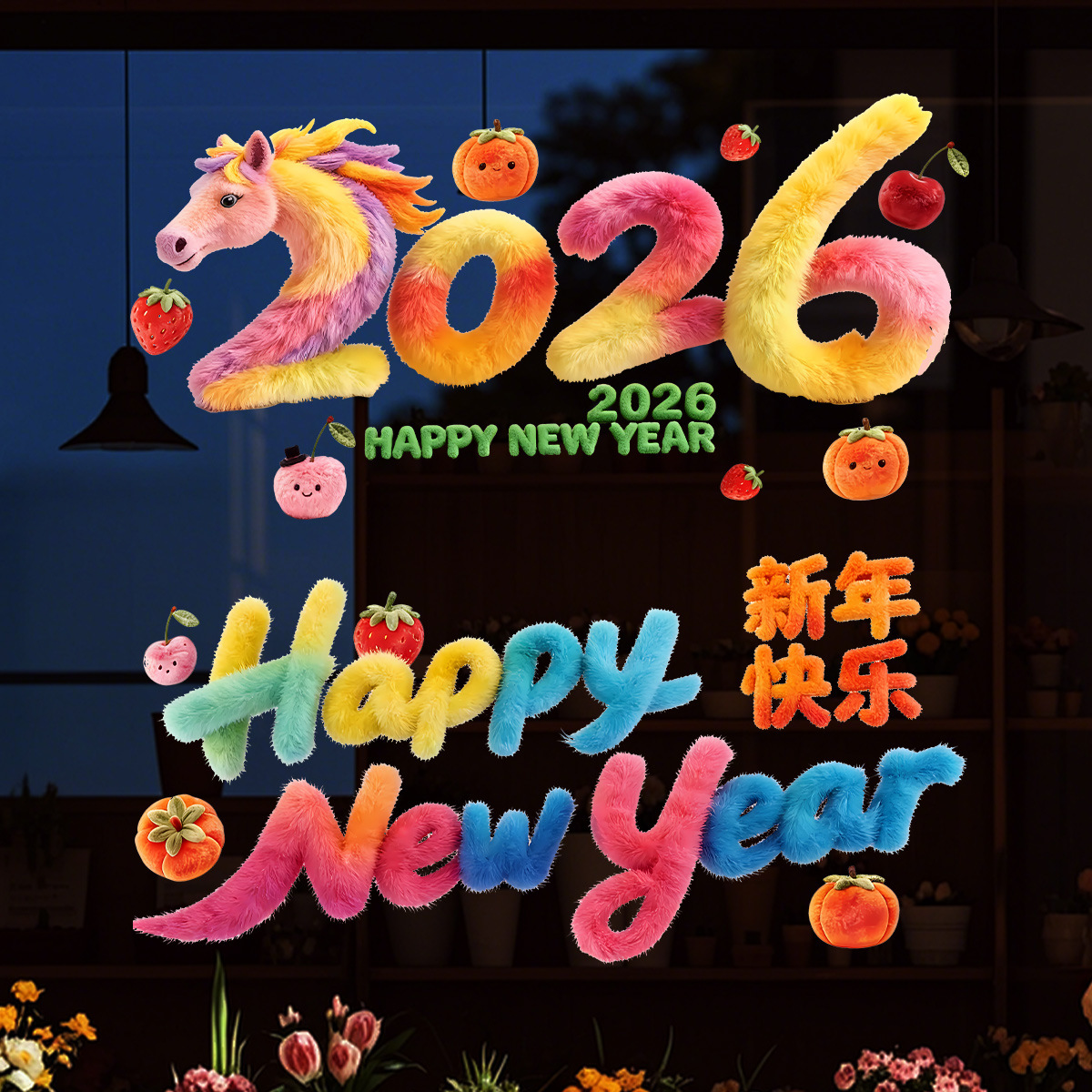 2026 Year of the Horse Fluffy Plush Static Cling Window Decals - 2 Designs (Pony 2026 & Happy New Year) S/M Sizes No Adhesive Reusable Window Stickers with Fruit Accents for Home Office Shop Front 2026 Lunar New Year Festive Decorations