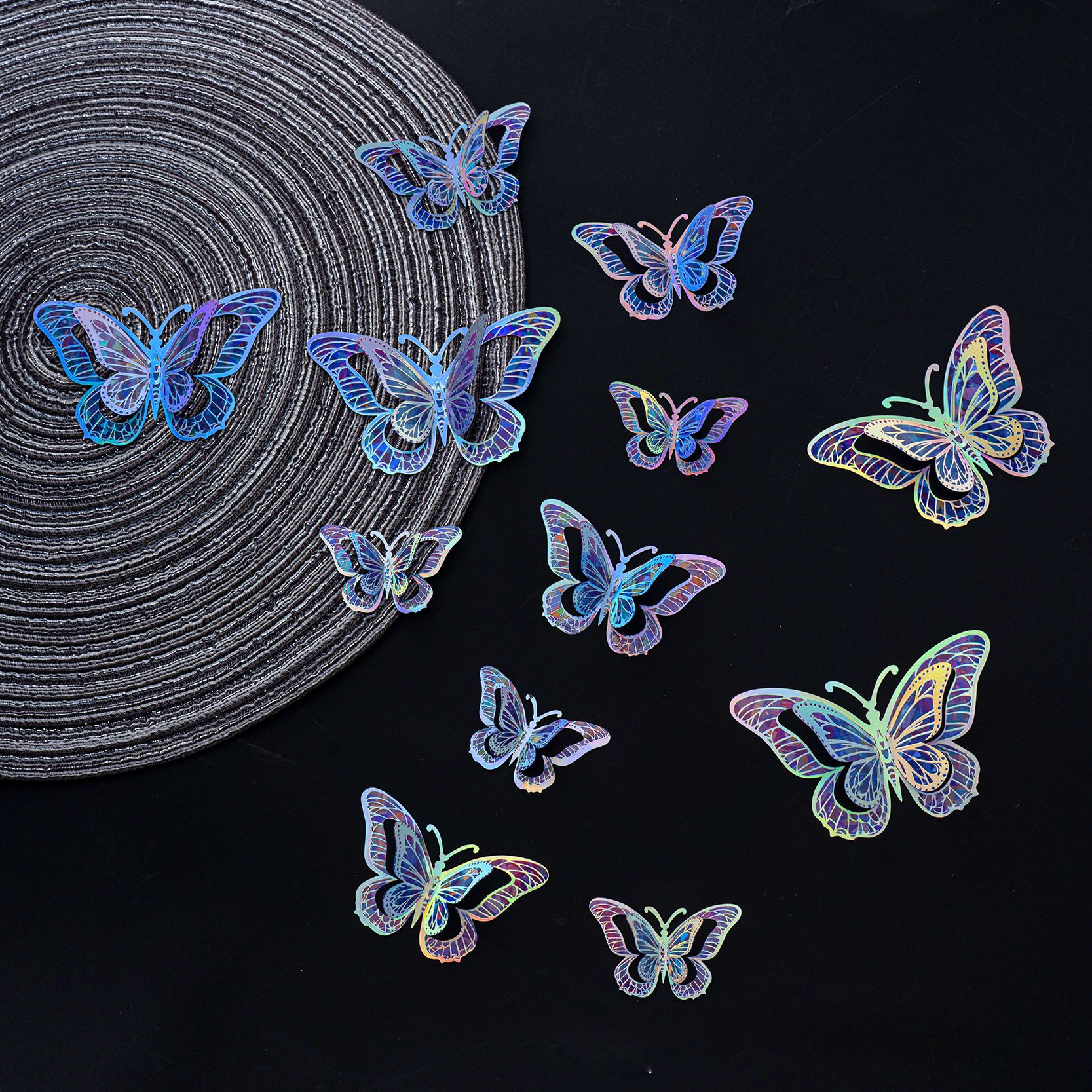 Rainbow Holographic Butterfly Stickers: Magical Decor for Your Wall, 12-Piece Set with 8 Dreamy Colors