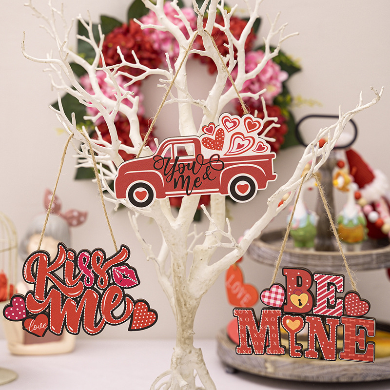 Complete Valentine's Party Decor Kit | Red Wooden Hanging Ornaments for Wall Door & Table, Coordinated Countryside Themed Set for Valentine's Celebrations