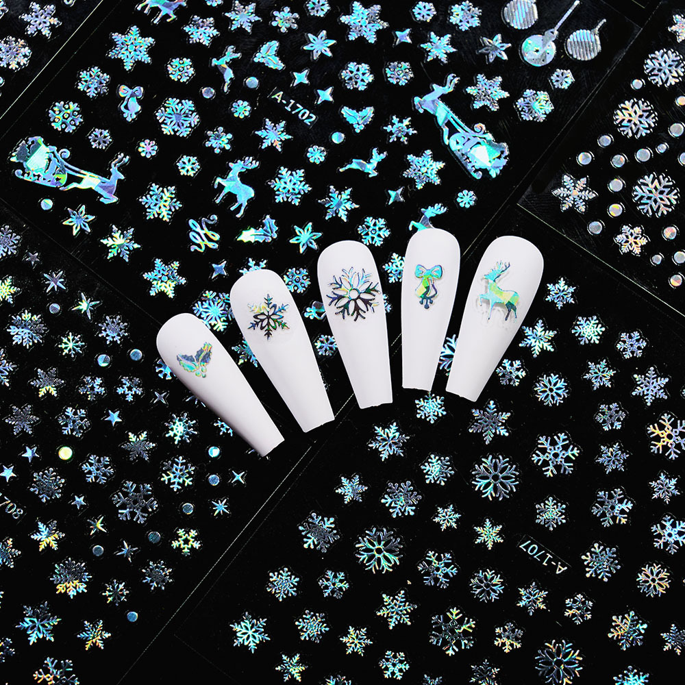 Christmas Nail Art Stickers | Laser Snowflake & Reindeer Nail Decals in Silver White, Festive Holiday Manicure Decorations, Winter Party Nail Art Set