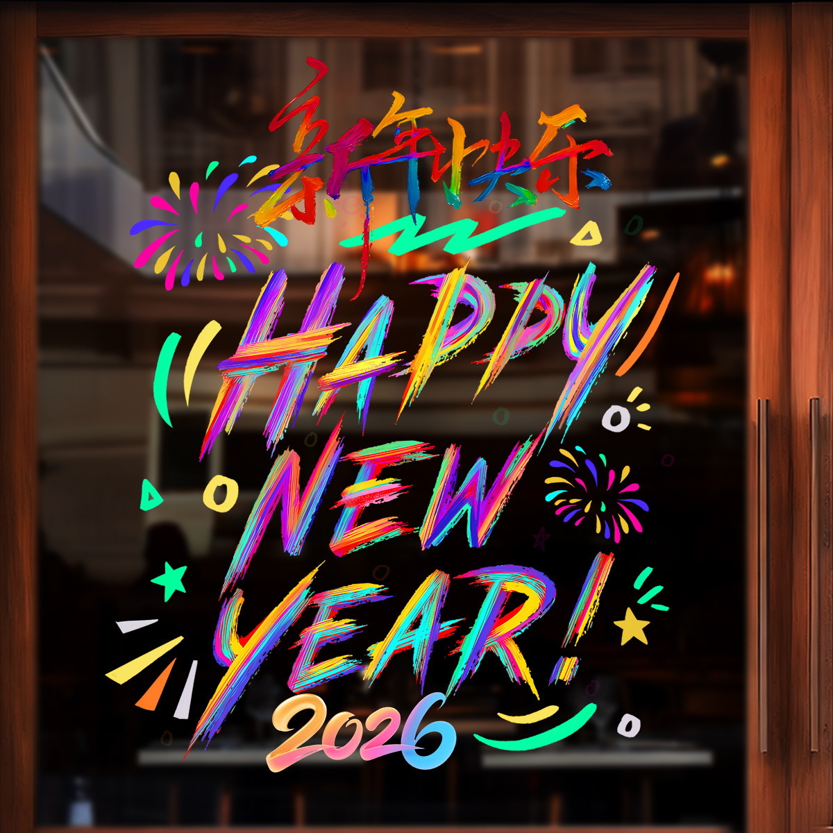2026 New Year Static Cling Window Decal - Colorful Graffiti Happy New Year No Adhesive Reusable Window Sticker Festive Firework Star Decor for Home Office Party Shop Front 2026 Holiday Window Decorations