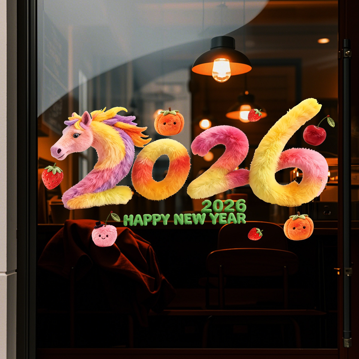 2026 Year of the Horse Fluffy Plush Static Cling Window Decals - 2 Designs (Pony 2026 & Happy New Year) S/M Sizes No Adhesive Reusable Window Stickers with Fruit Accents for Home Office Shop Front 2026 Lunar New Year Festive Decorations