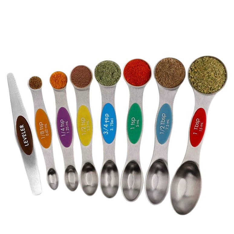 Magnetic Measuring Spoons Set of 9 Dual Sided Stainless Steel Measuring Spoons Stackable Nesting Tablespoon Teaspoon, Fits in Spice Jars, for Dry or Liquid Ingredients