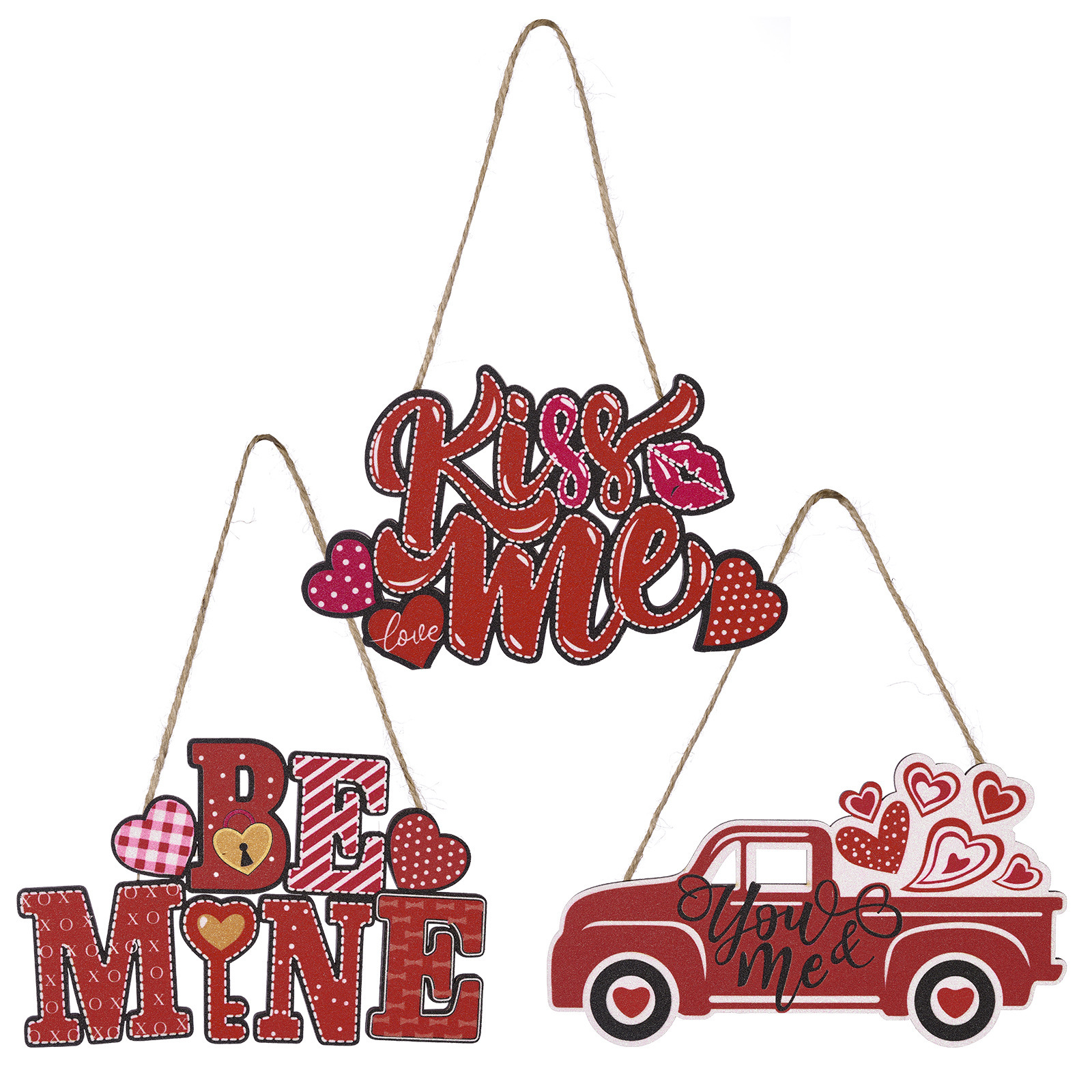 Complete Valentine's Party Decor Kit | Red Wooden Hanging Ornaments for Wall Door & Table, Coordinated Countryside Themed Set for Valentine's Celebrations