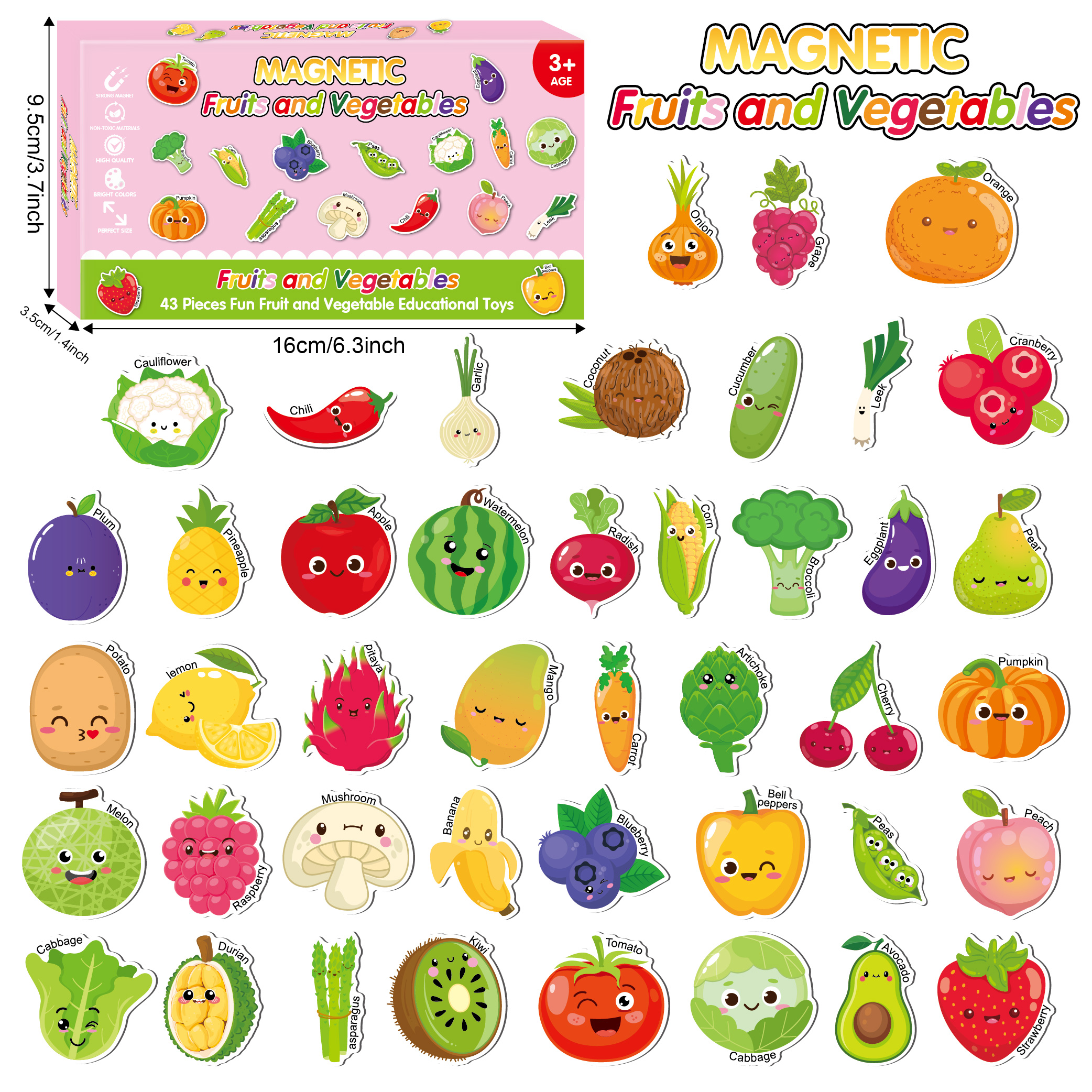 43-Piece Magnetic Fruits and Vegetables Fridge Magnets - Kids Educational Soft Magnetic Toy for Early Learning, Fruit Vegetable Recognition & Preschool Language Development