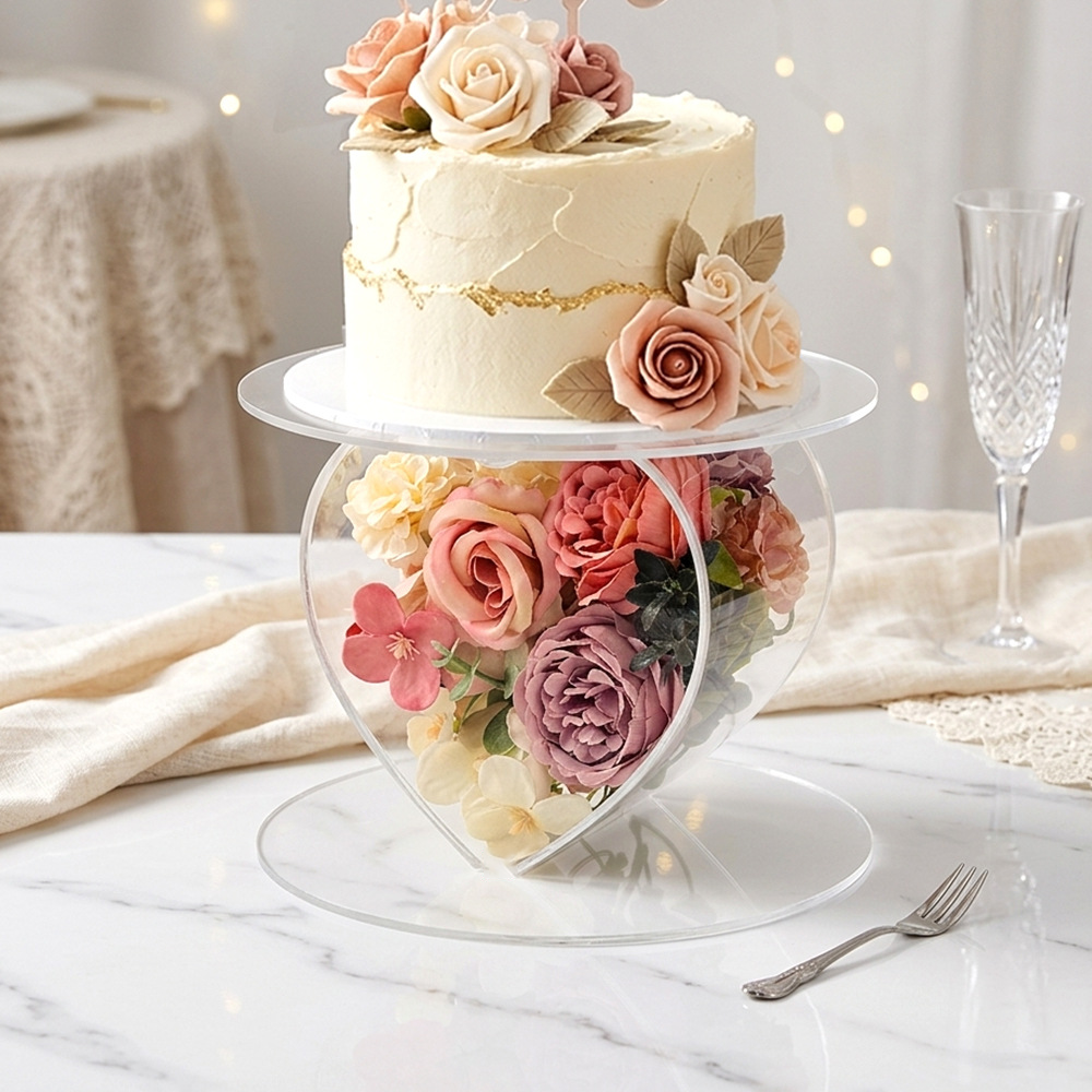 Clear Acrylic Heart Cake Stand, Magnetic Design Tiered Cake Display Stand with Hollow Heart Compartment for Wedding, Birthday, Party, Dessert Table Decoration