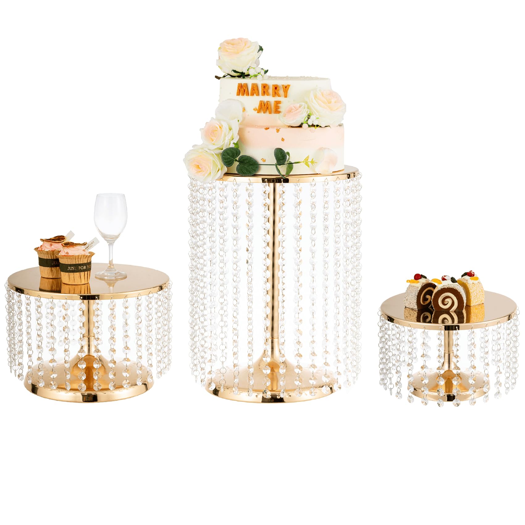 Silver Cake Stand Set of 3 - Elegant Round Tiered Stands with Crystal Beads for Wedding, Christmas & Dessert Displays