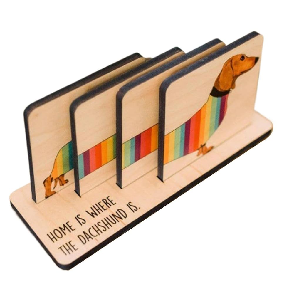 Dachshund Coasters with Holder, Wooden Coaster Set, Dachshund Themed Dining Table Decoration, Animal Coasters