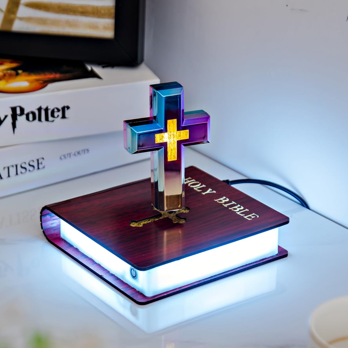 Holy Levitating Cross Lamp with Soft Glow, Sacred Floating Decor for Prayer Space, Mood Lighting for Church Chapel & Christian Home, Meditative Ambient Religious Gift