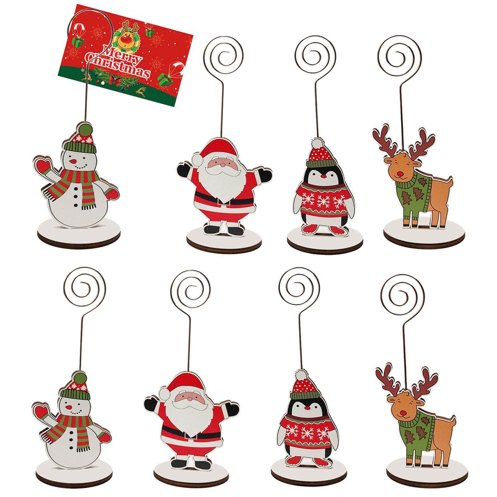 8 PCS Wooden Christmas Table Number Holders – Festive Memo Clips, Business Card Stands & Photo Holders for Holiday Party Decor