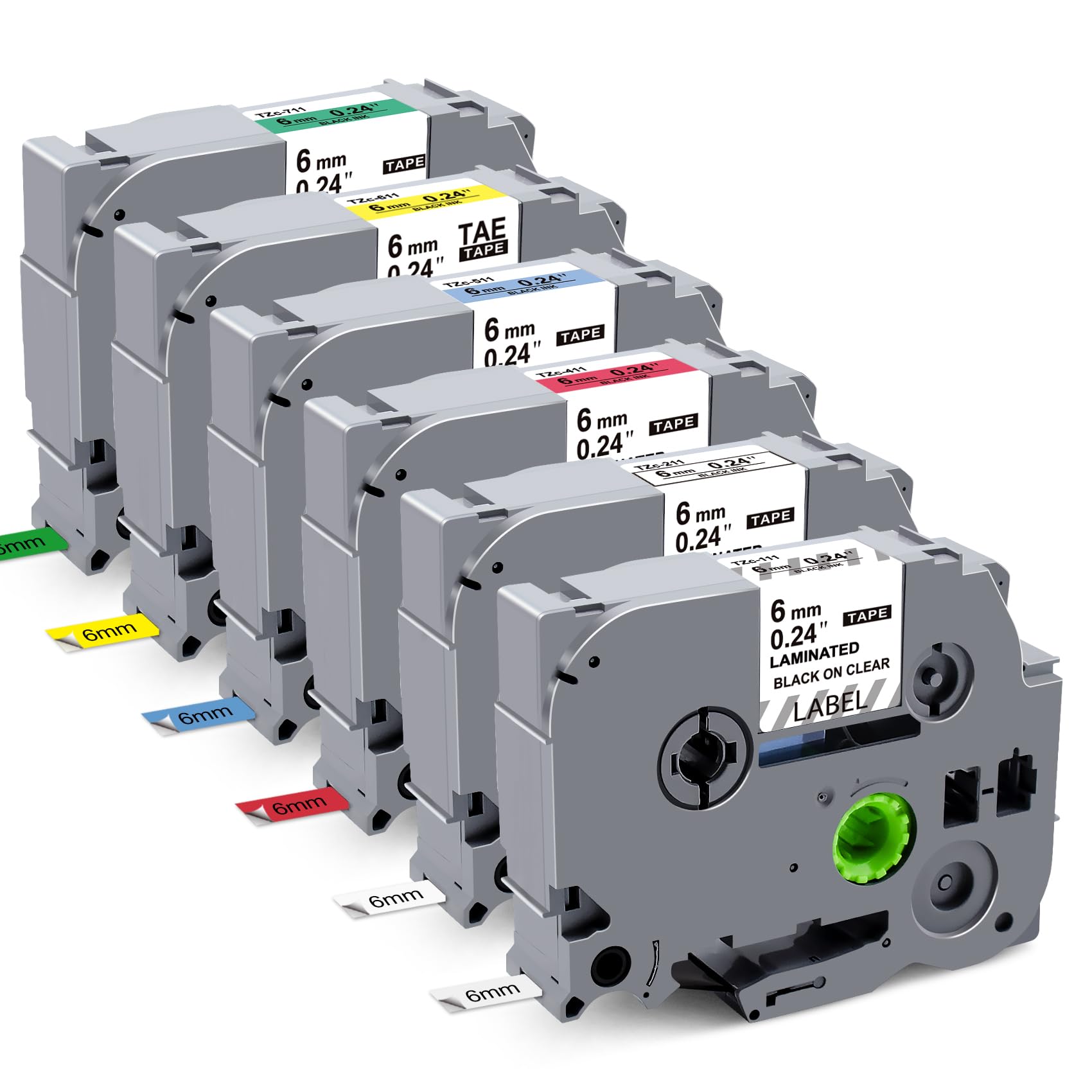 Compatible with Brother Label Tape TZe TZ Tape 6mm 1/4" Label Maker Tape TZe-111 TZe 211 411 511 611 711 Laminated Labels for Brother PT-D210 PT-H110 PTD400 PT1280 PTP300BT P700, 6 Pack/1pcs bulk packing