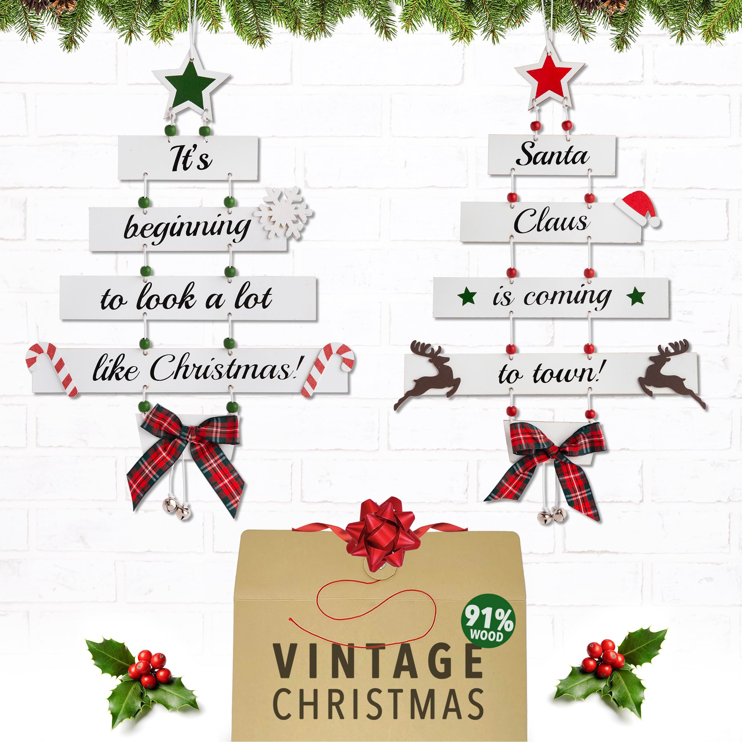 Premium Wooden Christmas Decorations - Small Hanging Indoor Home Decor for Door, Wall, Xmas Tree and Farmhouse