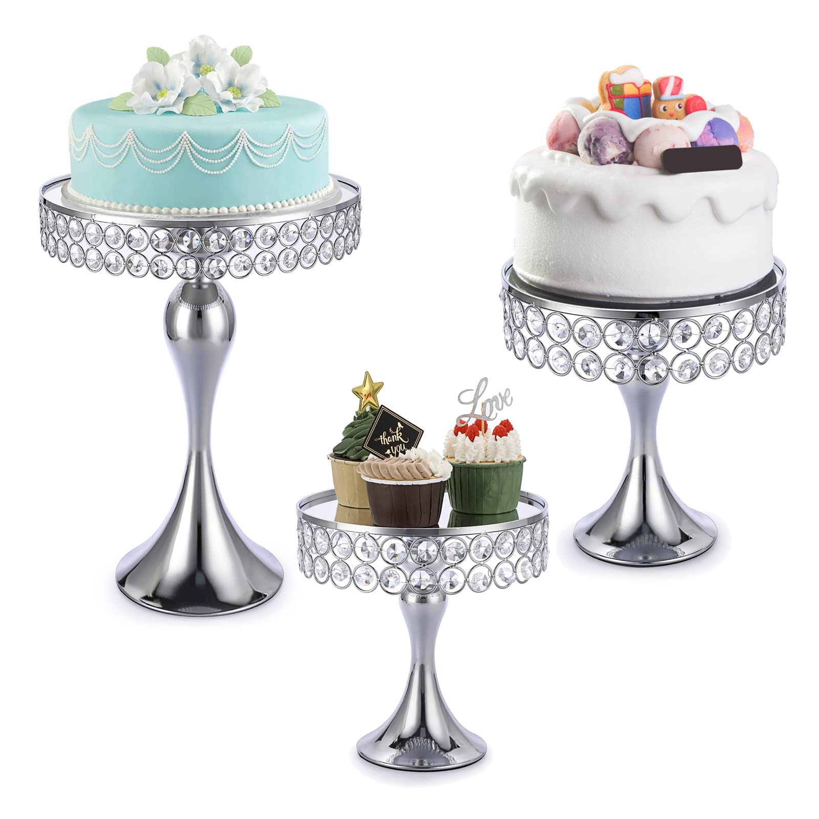 Luxury Dessert Tower Set | Silver Metal Cake Stands with Crystal Beads & Mirror Surface, 8" 10" 12" Tiered Display for Pastries Fruits Appetizers, Event Buffet Centerpiece