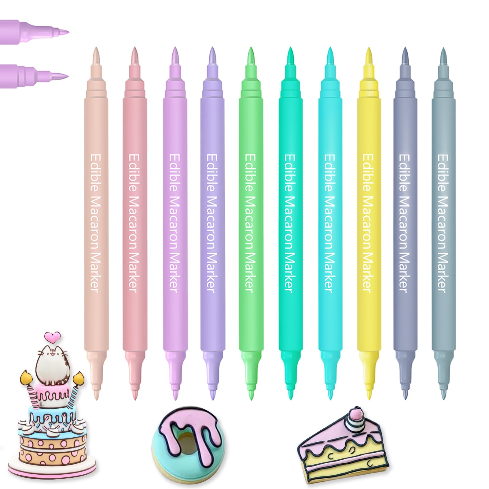 Macaron Coloring Pens (10 Pastel Colors) - Dual Tip Food Markers for Cake Decorating | Fine & Thick Edible Markers for Cookies, Fondant, Icing & Cupcakes