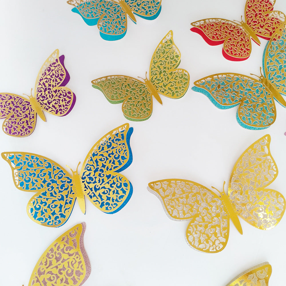 Double-Layer Rainbow 3D Butterfly Wall Decals - Hollow-Out Design for Living Room & Bedroom Decor (Festive Home Celebration Stickers)