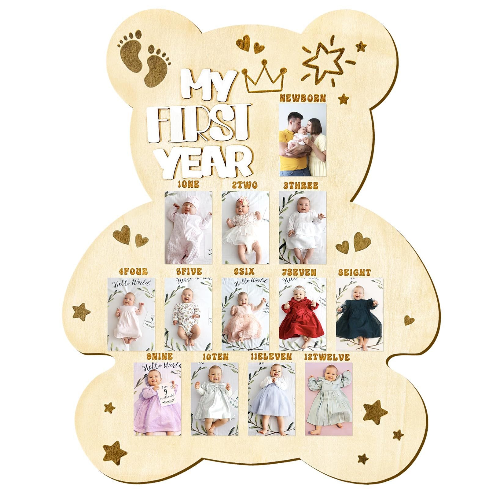 My First Year Display Photo Board First Birthday Wooden Photo Frame Wood One Year Baby Monthly Picture Board 12 Months Milestone Baby Keepsake Gift Baby Shower Backdrop Photo Prop Party Decoration