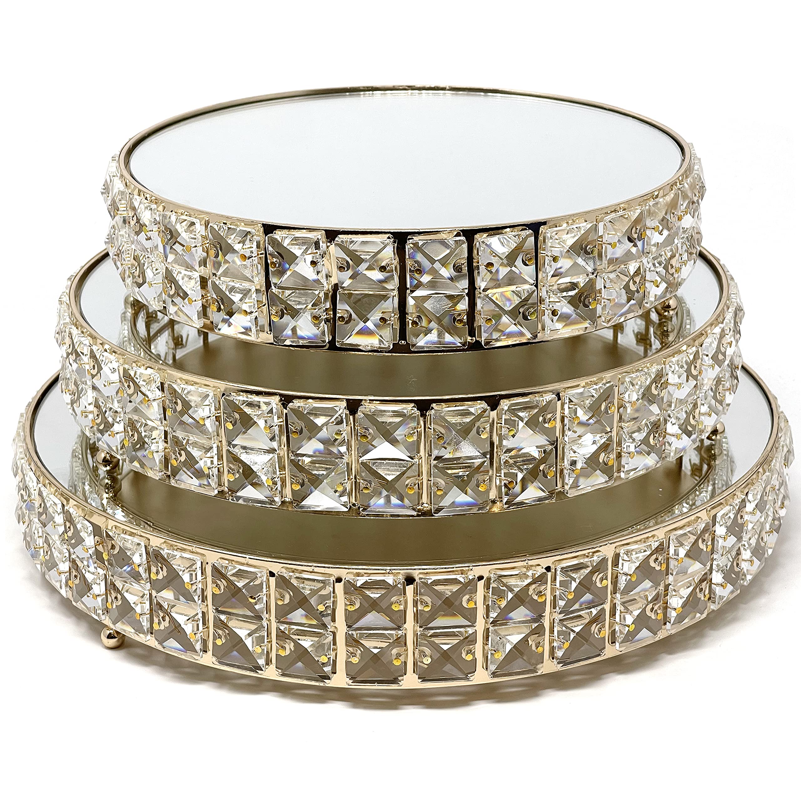 Luxury 3-Tier Crystal & Mirror Cake Stand, Gold-Plated Dessert Tower for Wedding Reception, Premium Assembled Display for Champagne Tower & Pastries, Five-Star Event Serving Set with Sparkling Crystals